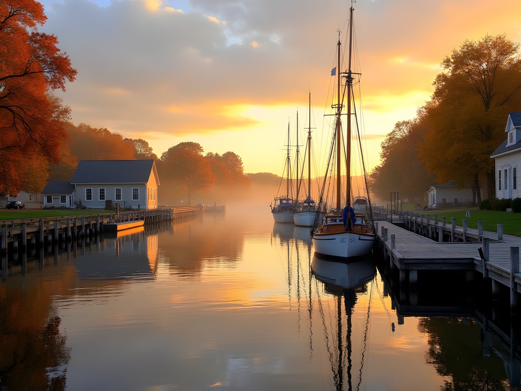 Historic Melville marina and former naval site in Portsmouth at sunrise with autumn colors