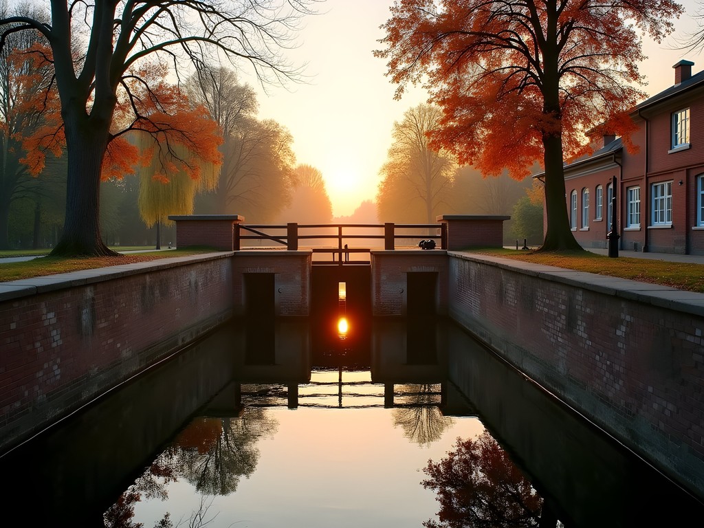 Historic Cathedral Lock (Åšluza Katedralna) in Poznan at sunset with autumn foliage