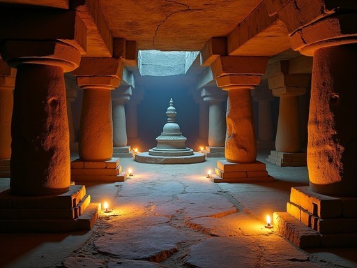 Ancient rock-cut pillars inside Pataleshwar Cave Temple with atmospheric lighting
