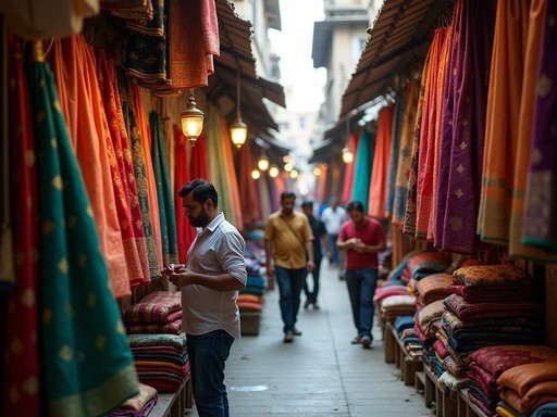 Colorful textile shops displaying traditional Maharashtrian fabrics in Tulsi Baug Market
