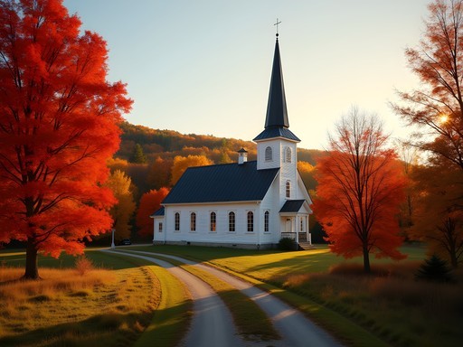 White church steeple against brilliant red and orange fall foliage in Quebec's Eastern Townships