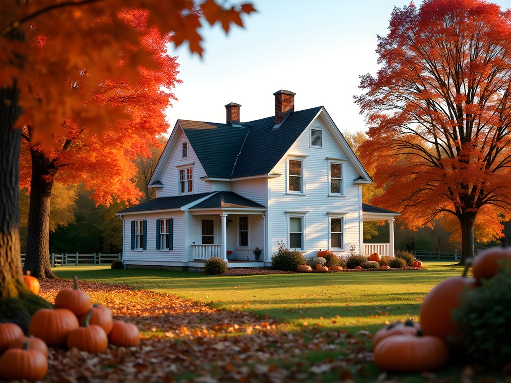 Traditional Quebec farmhouse on Île d'Orléans with autumn harvest displays and maple trees in fall colors