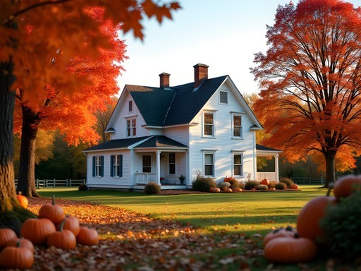Traditional Quebec farmhouse on Île d'Orléans with autumn harvest displays and maple trees in fall colors