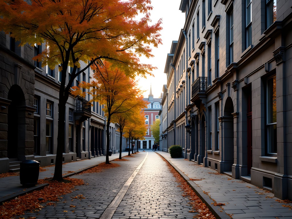 Autumn scene of cobblestone streets in Old Montreal with historic buildings and fall foliage