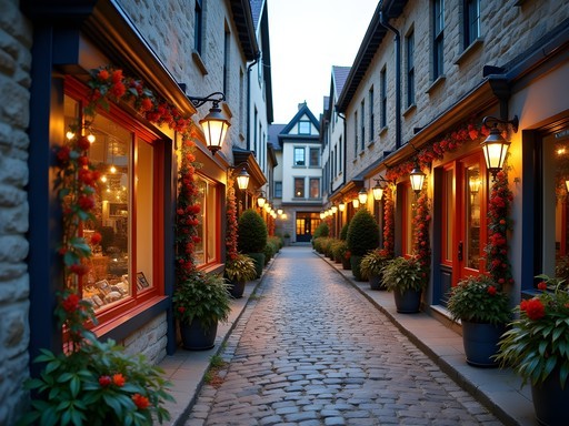 Quartier Petit-Champlain in Quebec City decorated for autumn with colorful leaves and historic French architecture