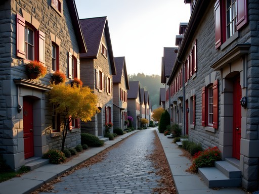 Historic street in Trois-Rivières with preserved French-Canadian architecture and autumn decorations