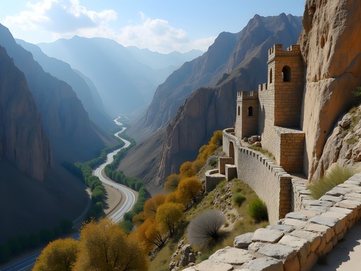 Ancient fortress ruins integrated into mountain cliffs at Bolan Pass