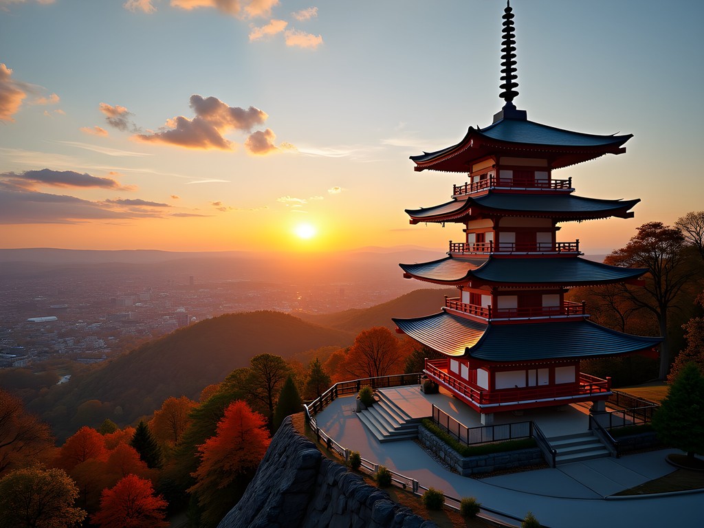 Reading's Japanese Pagoda at sunset with city view