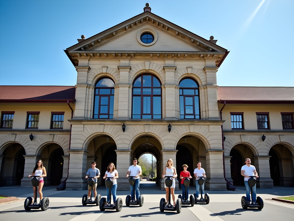 Segway tour group in front of historic Franklin Street Station in Reading