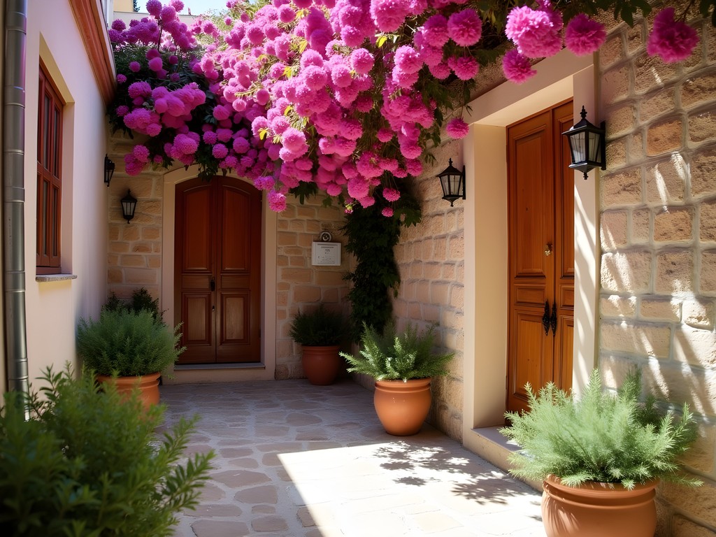 Secret courtyard in Rhodes Old Town with blooming bougainvillea and traditional Greek architecture