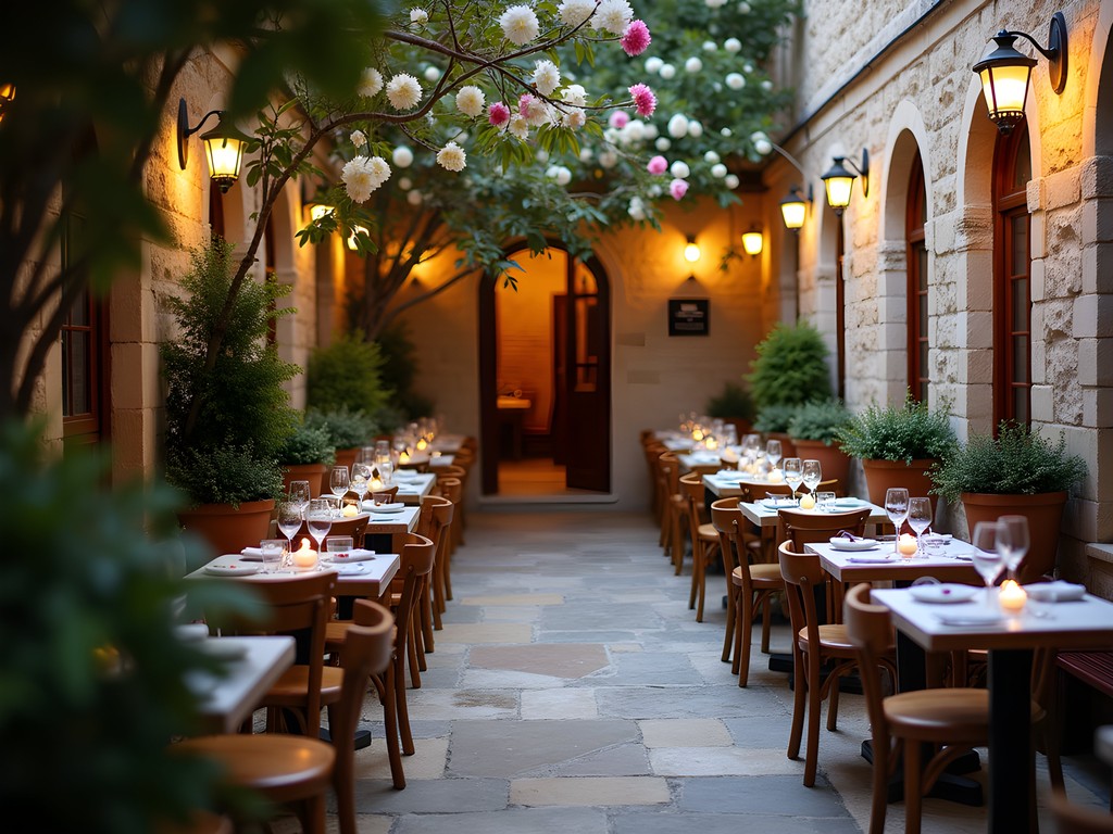 Authentic medieval courtyard restaurant in Rhodes Old Town with traditional Greek cuisine