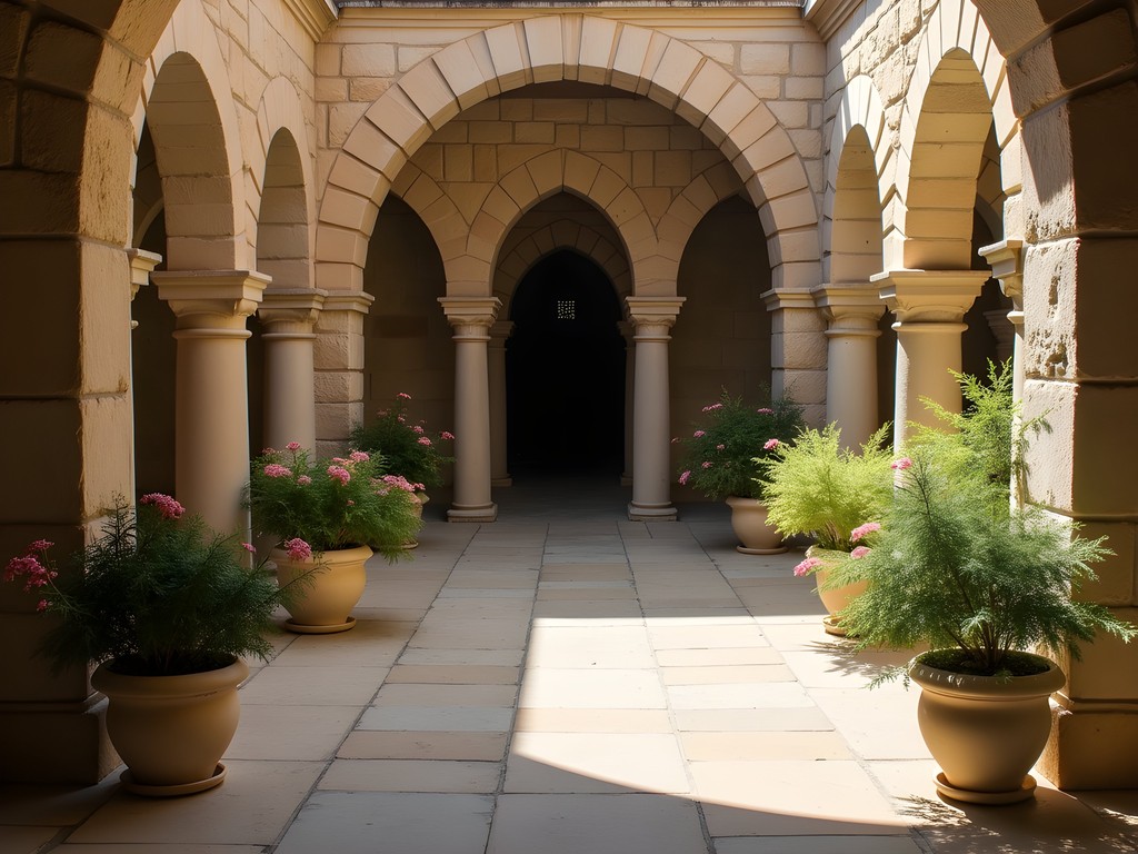 Inner courtyard of the Palace of the Grand Master with medieval architecture and spring flowers