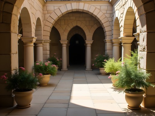 Inner courtyard of the Palace of the Grand Master with medieval architecture and spring flowers