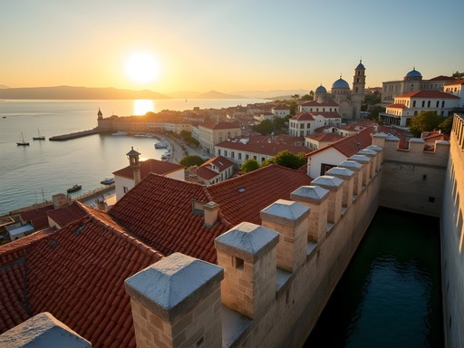 Panoramic view from Rhodes medieval walls at sunrise showing the Old Town and harbor