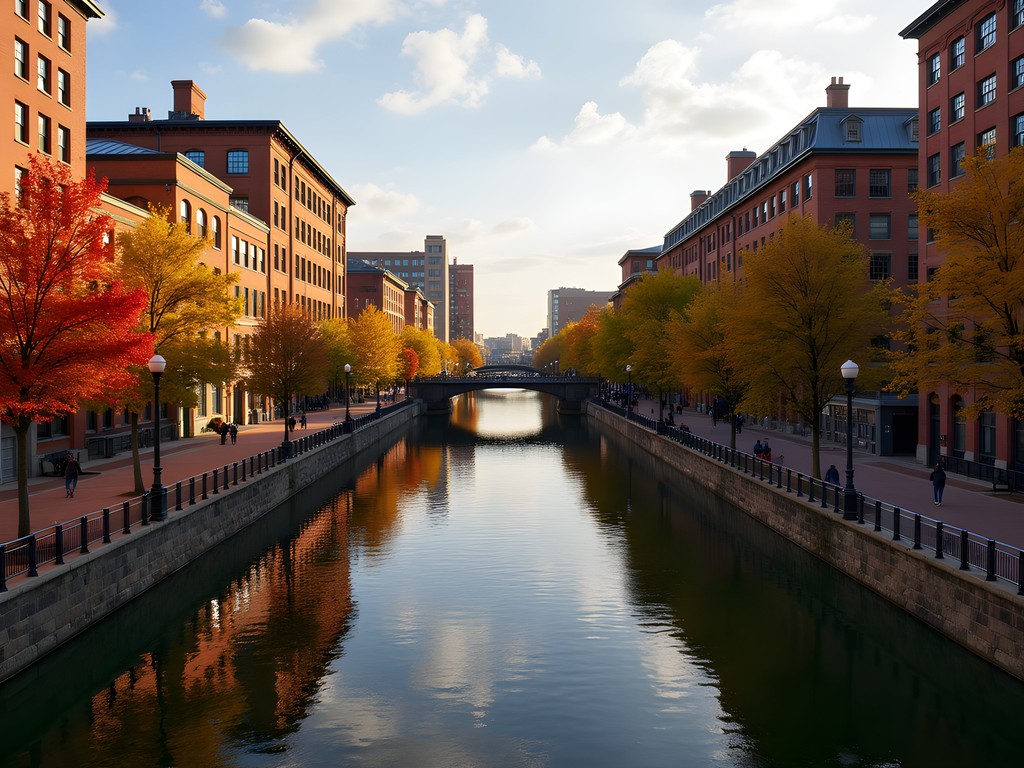 Richmond's Canal Walk with historic buildings and fall foliage
