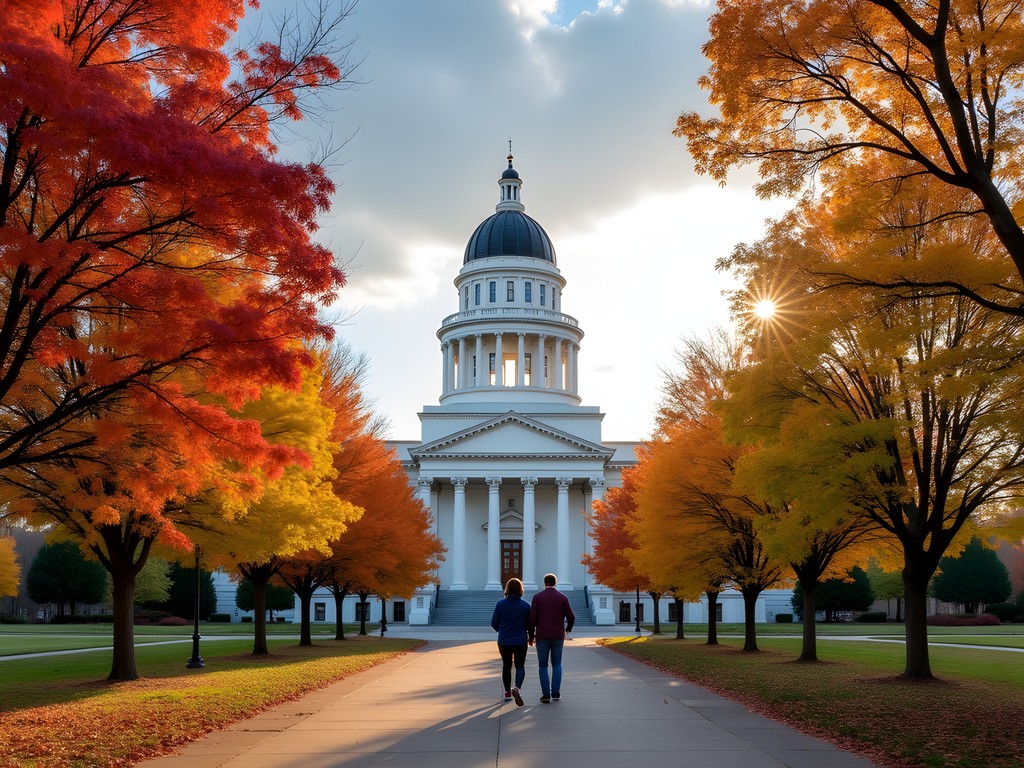 Virginia State Capitol building with autumn foliage in Richmond