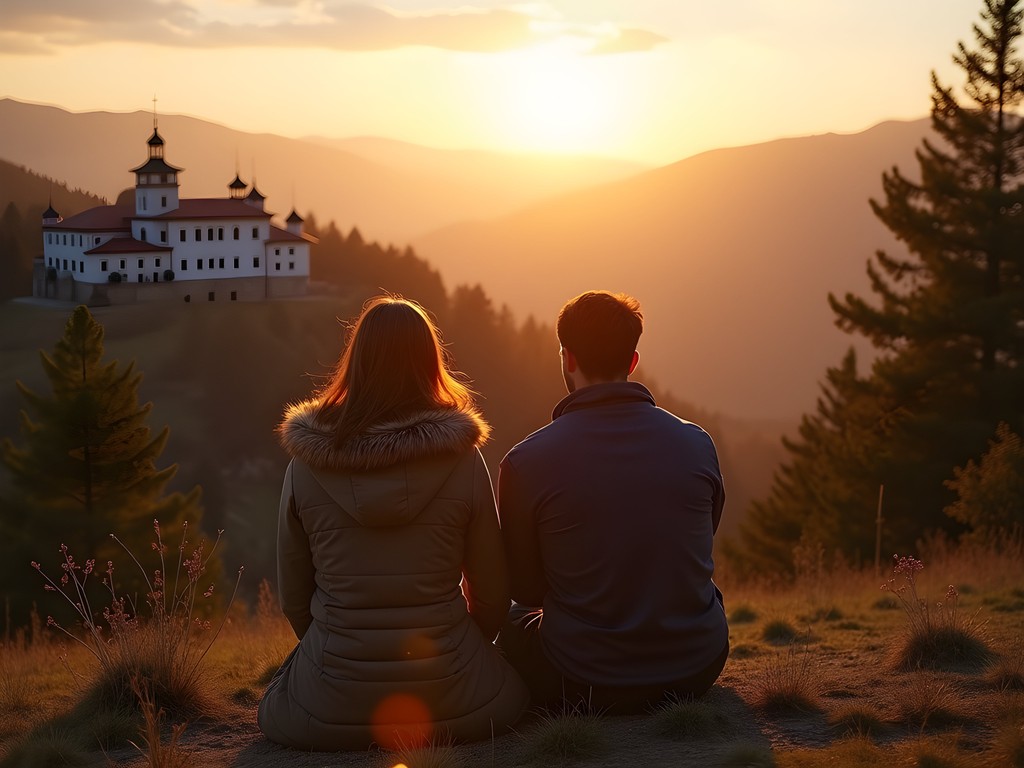 Couple watching sunset over Rila Monastery from nearby viewpoint