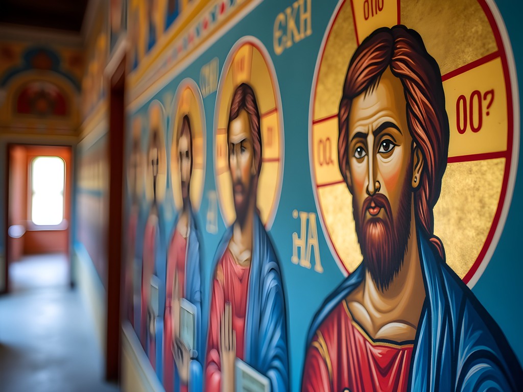 Vibrant colorful frescoes adorning walls of Rila Monastery showing religious scenes