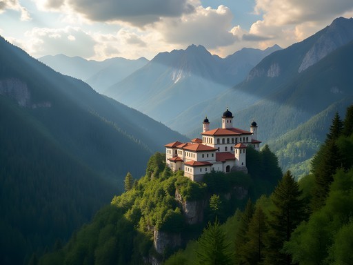 Rila Monastery nestled among forested mountains with dramatic clouds