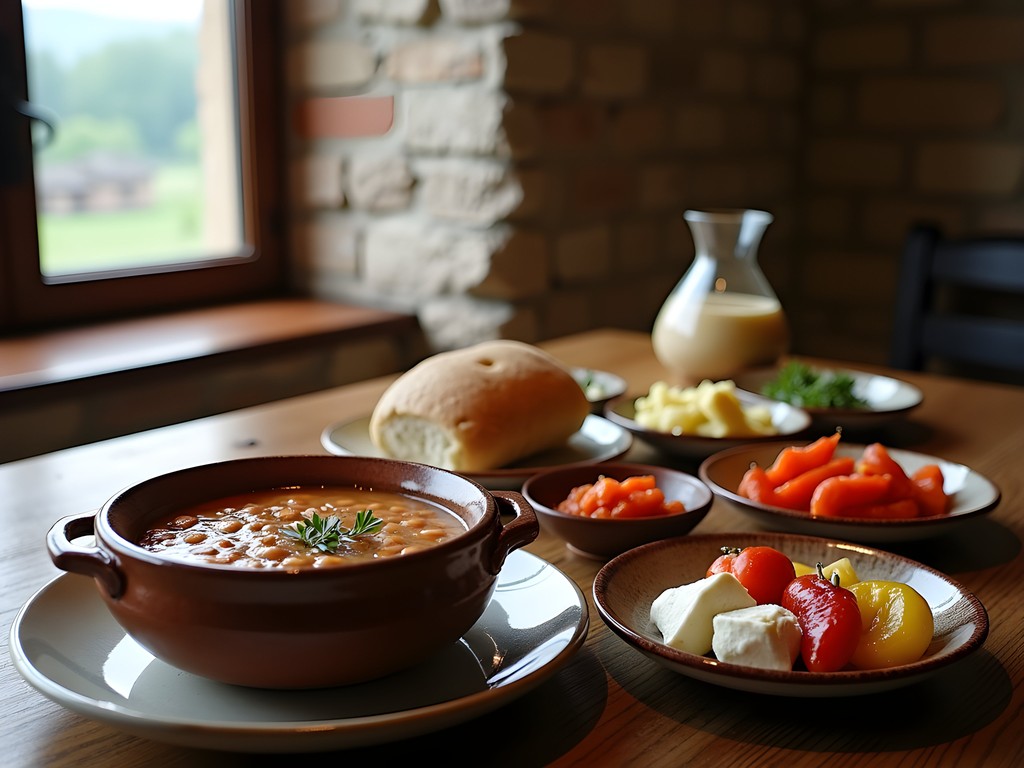 Traditional Bulgarian meal served at wooden table near Rila Monastery