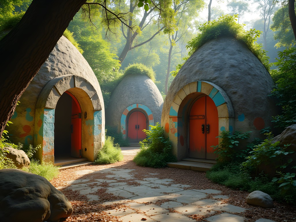 Abandoned meditation domes at The Beatles Ashram in Rishikesh with colorful modern murals and jungle vegetation
