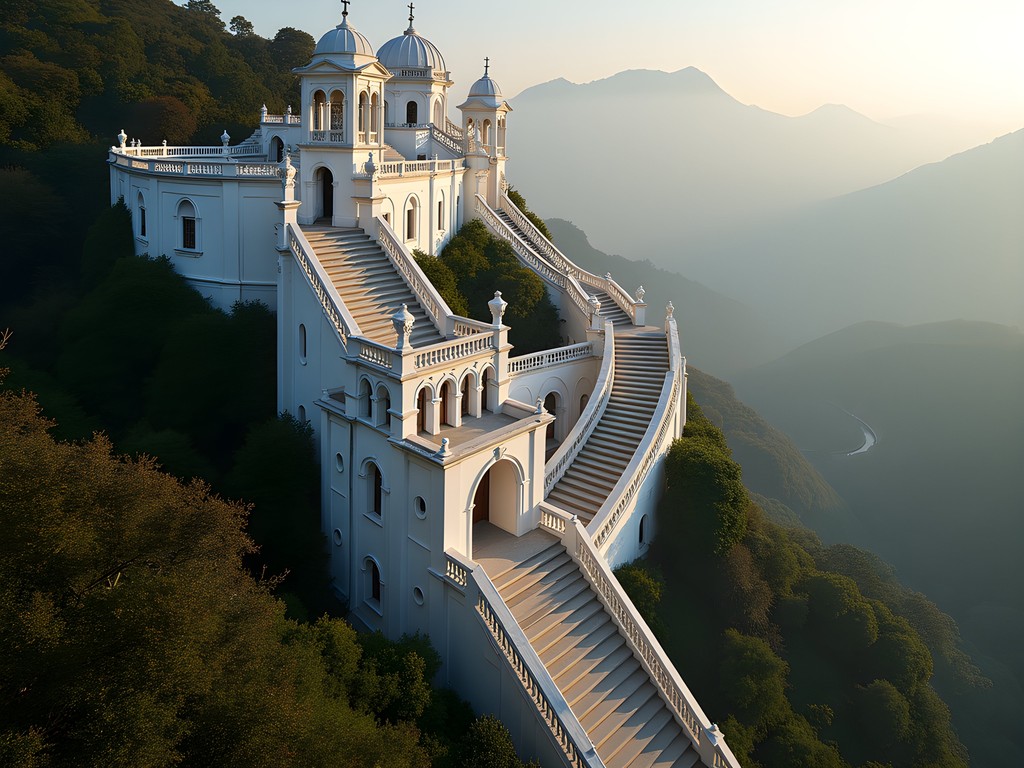 Zigzagging baroque staircase of Bom Jesus do Monte sanctuary in Braga with fog rolling through the valley