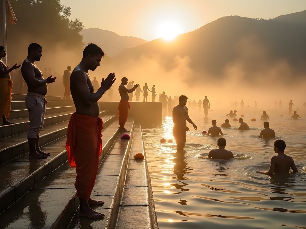 Early morning bathing and prayer rituals at Triveni Ghat in Rishikesh with golden sunrise light on the Ganges
