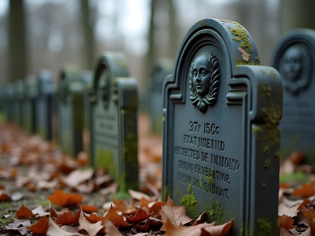 Historic 18th century slate headstones in Rochester NH cemetery with fall leaves