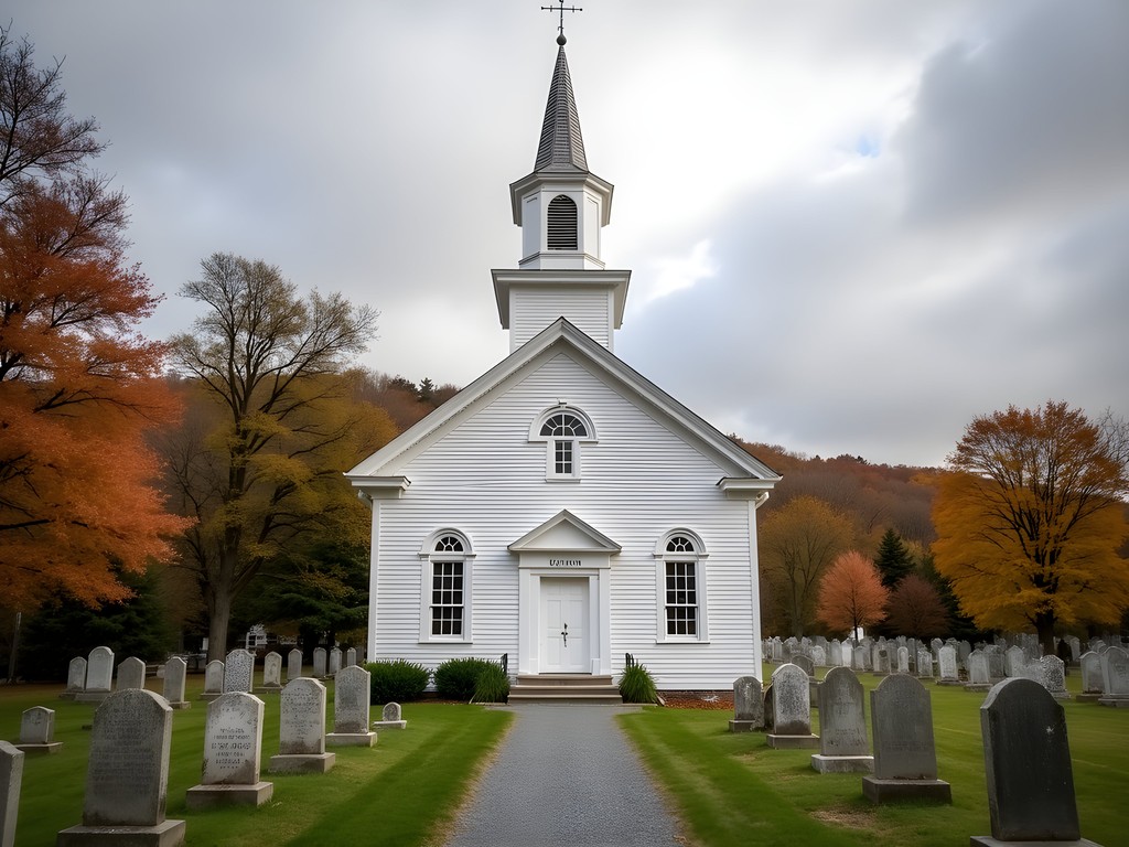 White wooden 1773 Congregational Church in East Rochester NH with historic cemetery