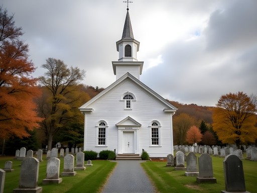 White wooden 1773 Congregational Church in East Rochester NH with historic cemetery