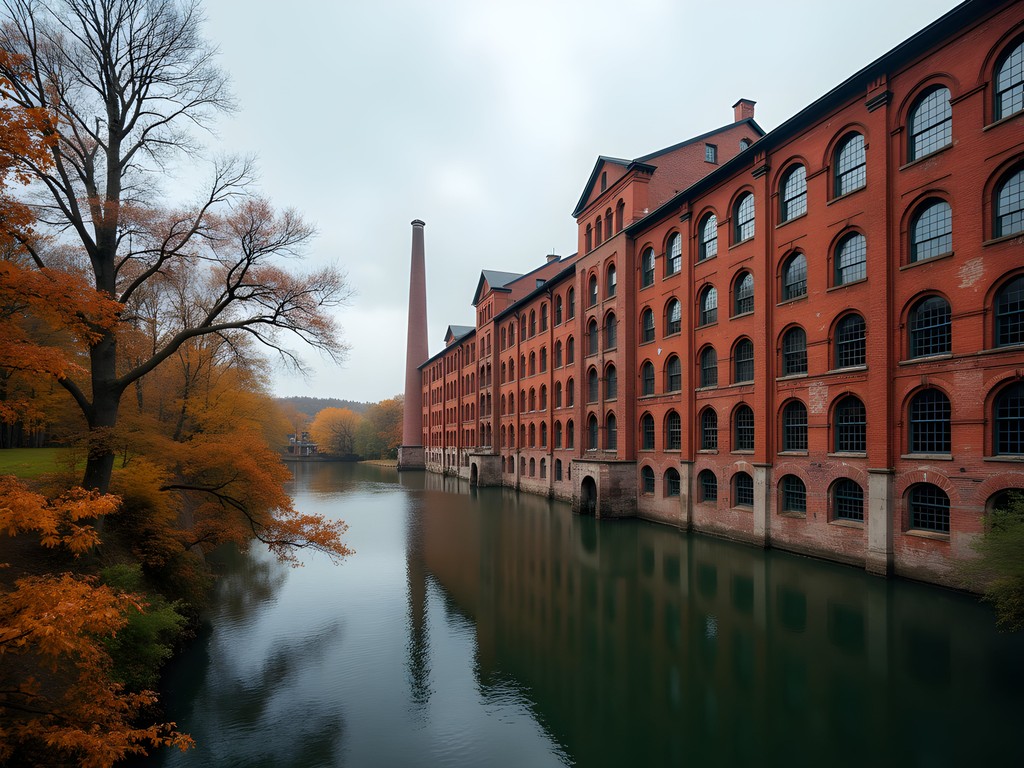 Historic Haven Mill brick buildings along Cocheco River in Rochester NH during fall foliage