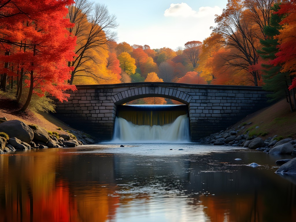 Historic dam at Pickering Ponds surrounded by fall foliage