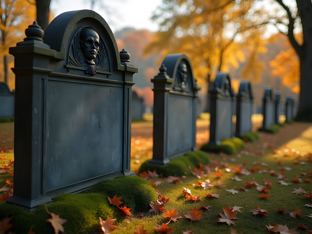 Historic gravestones at Rochester Cemetery with fall foliage