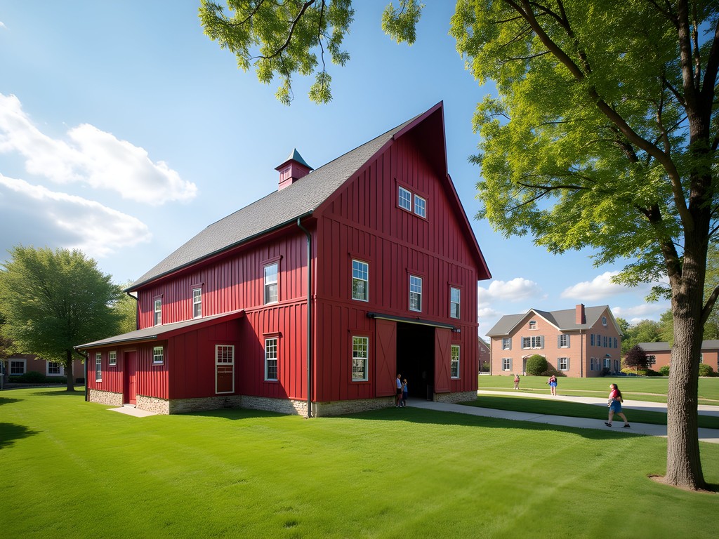 Restored historic dairy barn at King Farm with modern community development visible in background