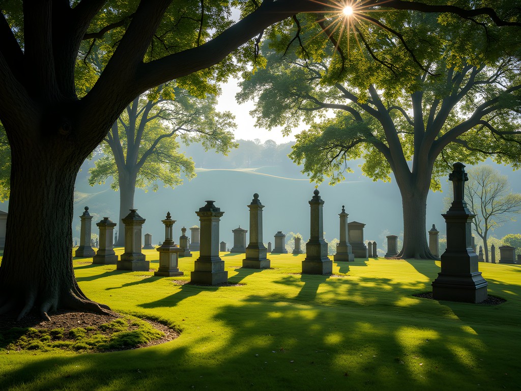 Historic section of Rockville Cemetery with 18th and 19th century gravestones under mature trees