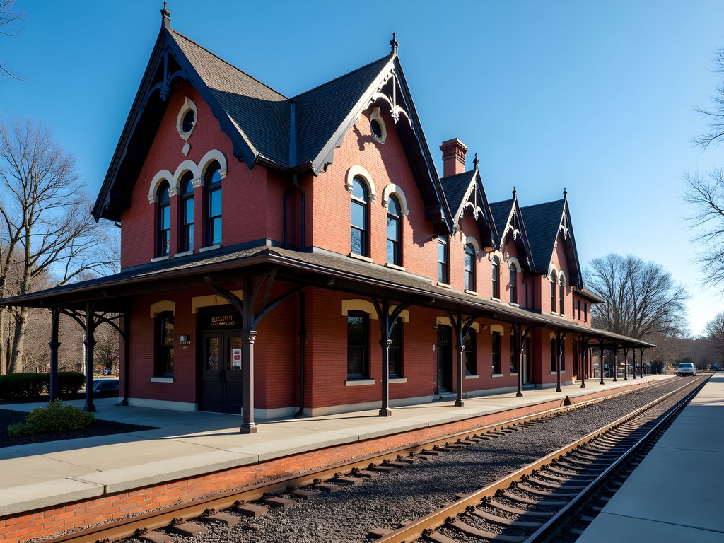 Historic Rockville B&O Railroad Station with Victorian Gothic architecture and red brick exterior