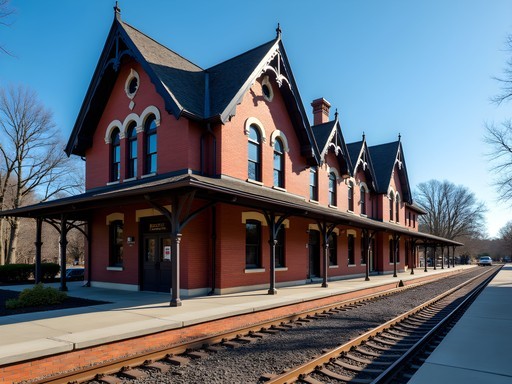 Historic Rockville B&O Railroad Station with Victorian Gothic architecture and red brick exterior