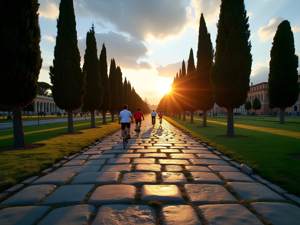Father and son cycling on ancient Appian Way at sunset with cypress trees and Roman ruins
