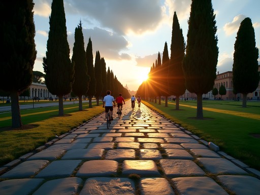 Father and son cycling on ancient Appian Way at sunset with cypress trees and Roman ruins