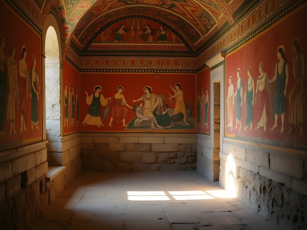 Ancient Roman frescoes in dimly lit room of Case Romane del Celio underground houses