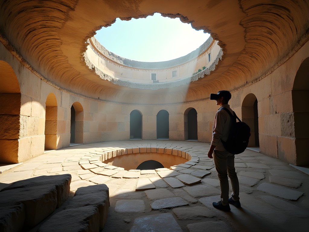 Ancient octagonal room in Domus Aurea with visitor using VR headset