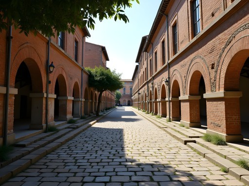 Ancient Roman street in Ostia Antica with well-preserved buildings and few tourists