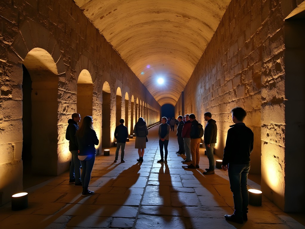 Illuminated underground chambers of the Colosseum during exclusive night tour