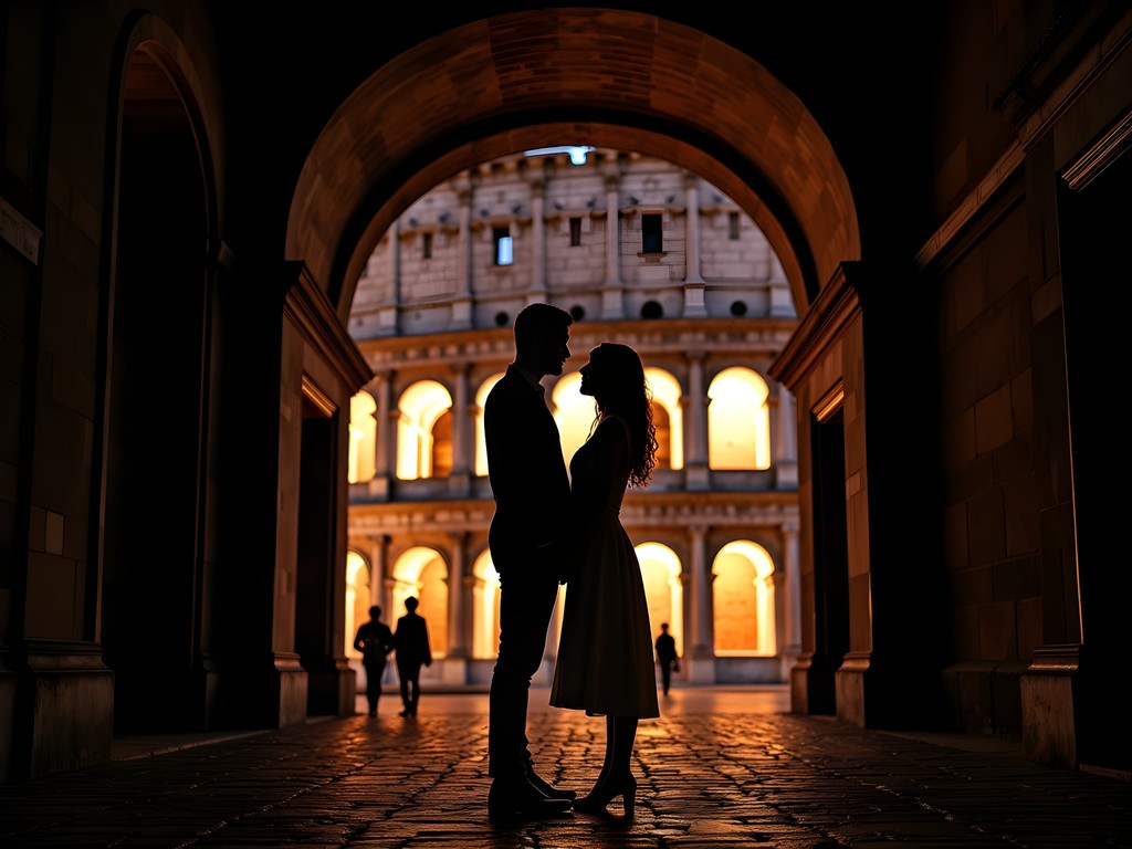 Romantic silhouette of couple against illuminated Colosseum arches at night