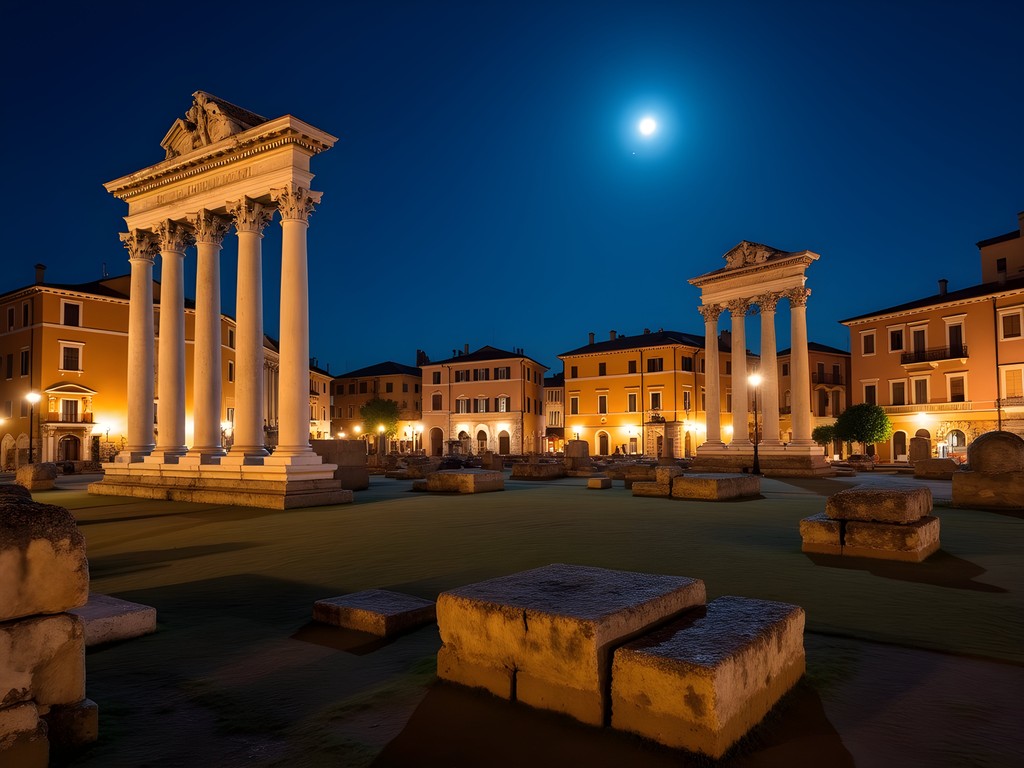 Roman Forum ruins dramatically illuminated at night with full moon overhead