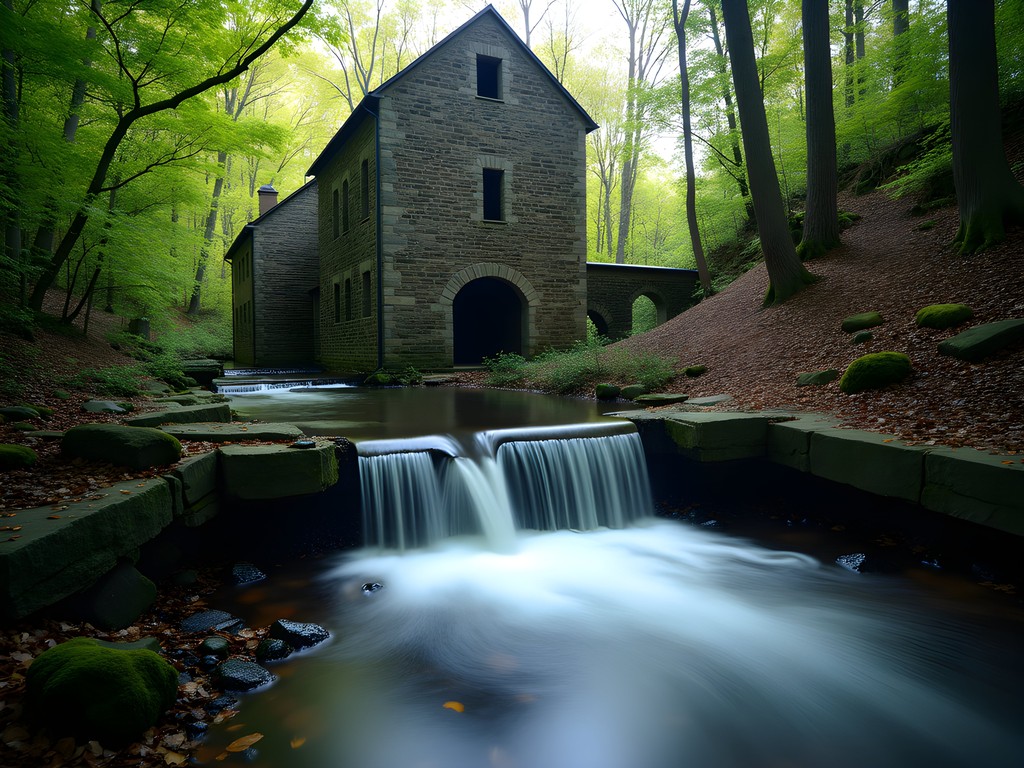 Historic Roswell Mill ruins with waterfall along Vickery Creek in spring