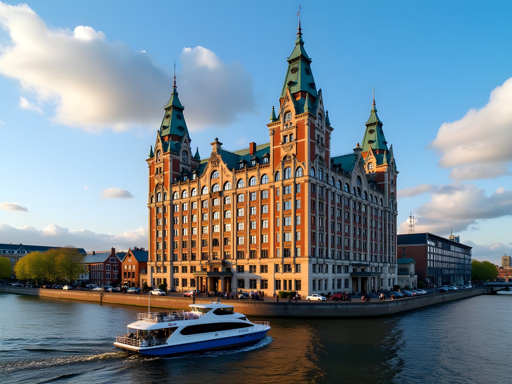 Historic Hotel New York building in Rotterdam with water taxi approaching
