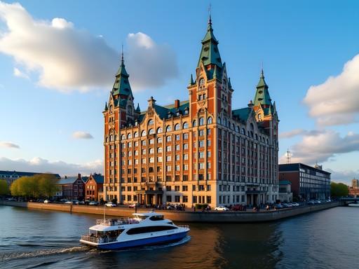 Historic Hotel New York building in Rotterdam with water taxi approaching