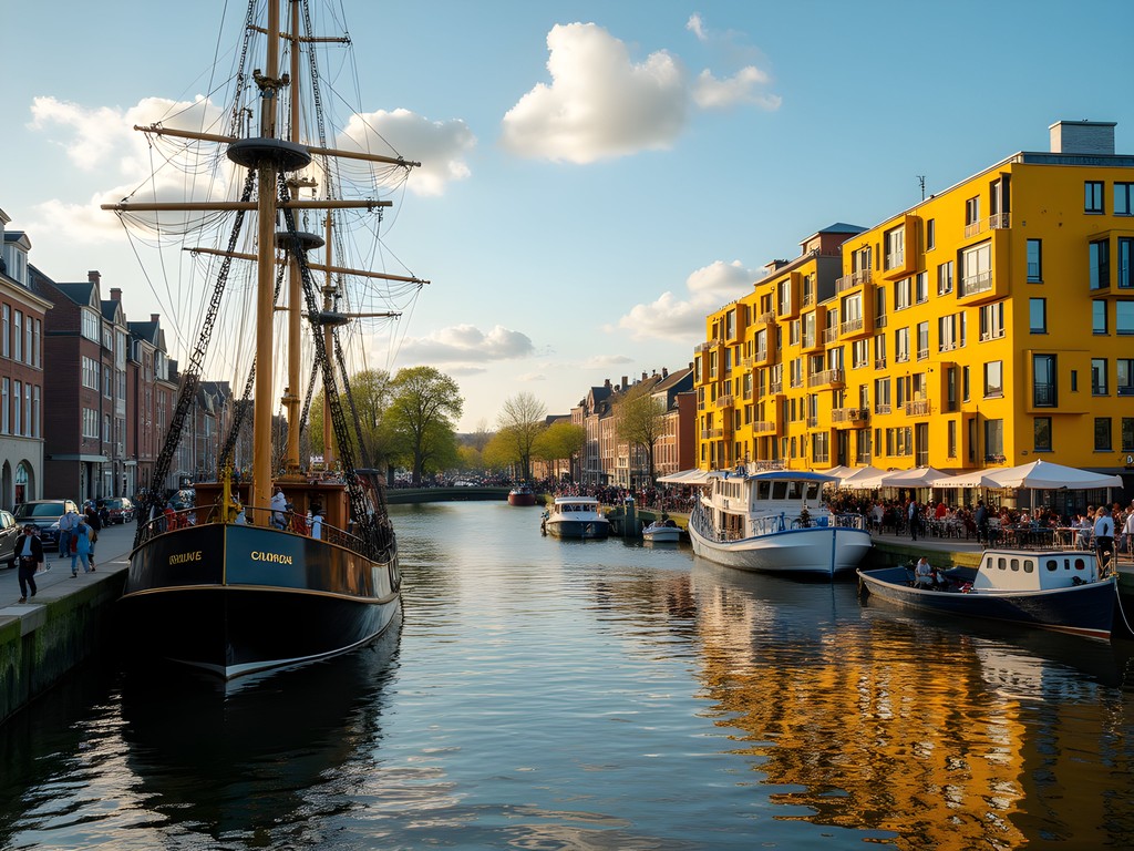 Historic ships docked at Rotterdam's Oude Haven with Cube Houses in background
