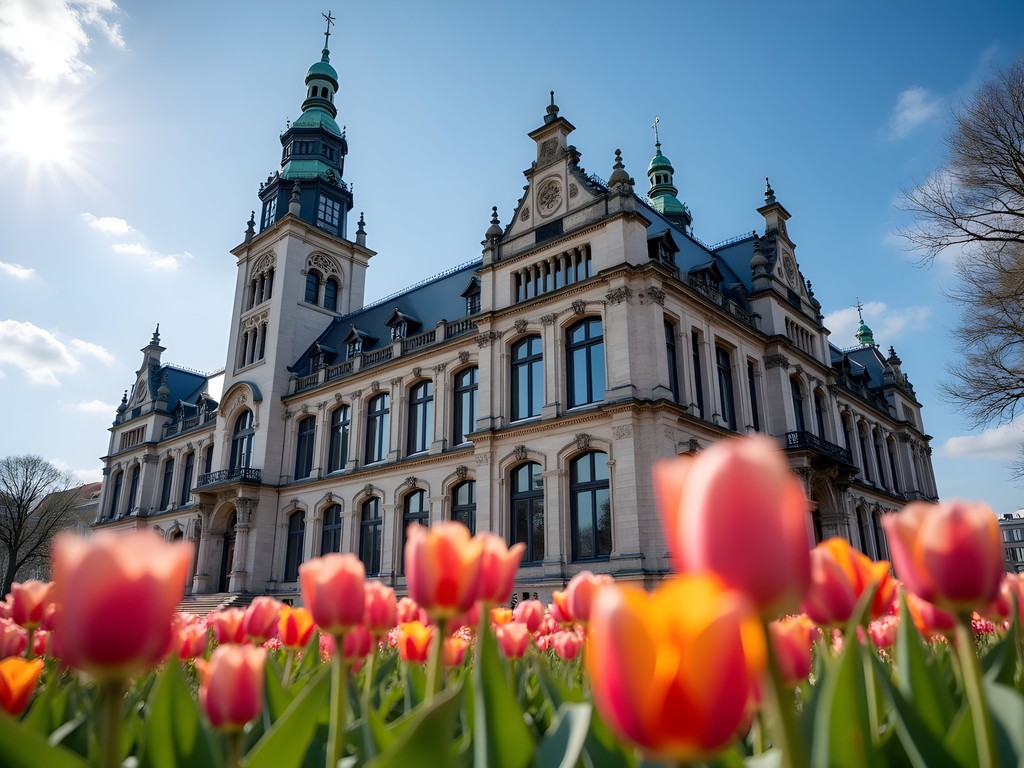 Rotterdam City Hall building with spring flowers in foreground